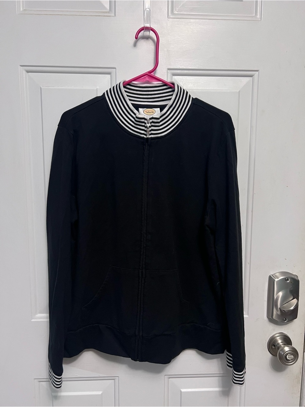Talbots Women’s XL Black Full Zip Jacket Striped Collar Cuffs Cotton Blend
